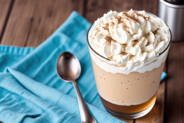 A glass of coffee with whipped cream on top