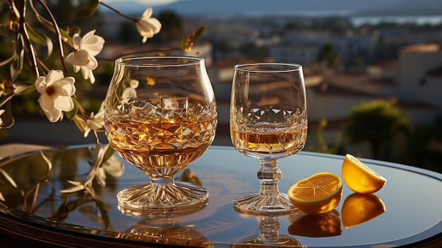 Glass of cognac in a hotel in the background of nature alcoholic concept expensive drink