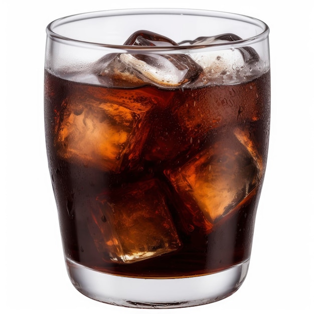 A glass of cola with ice cubes on a white background