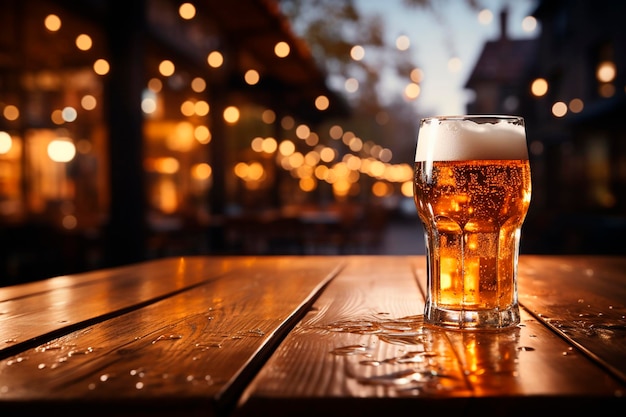 Glass of cold beer on wooden table Generative AI