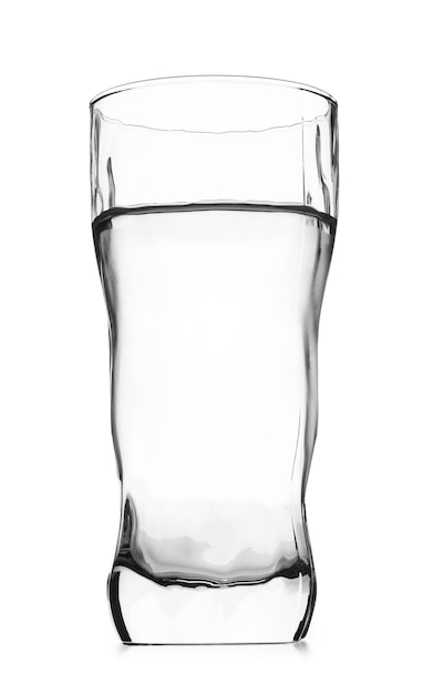 Glass of cold clear water on white background Refreshing drink