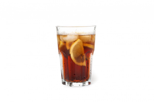 Glass of cold cola isolated on white background