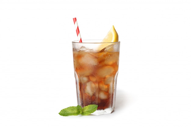 Glass of cold cola with lemon isolated on white background