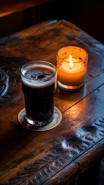 Glass of cold frothy dark beer on an old wooden table