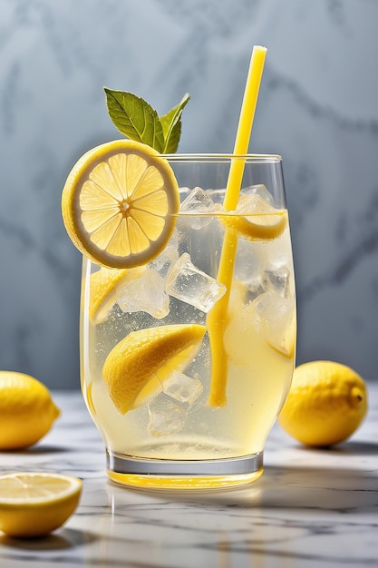 Glass of cold lemonade with lemon slice on marble surface created using generative ai technology