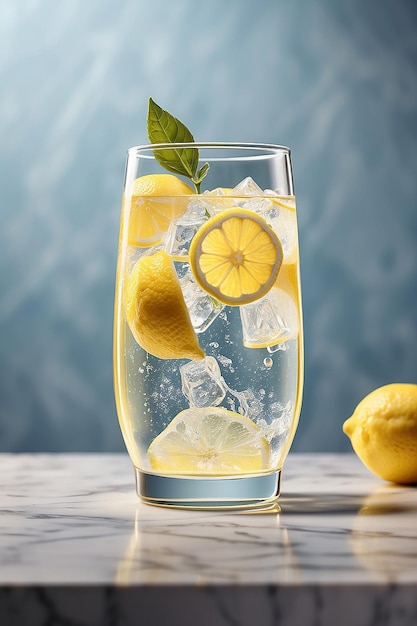 Glass of cold lemonade with lemon slice on marble surface created using generative ai technology