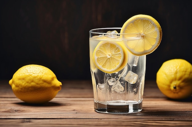 Glass of cold lemonade with lemon slice on wooden surface created using generative ai technology