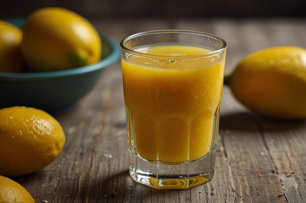 Glass of cold mango juice with dewy sides