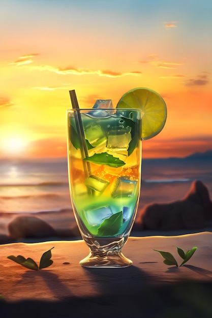 Glass of colorful summer cocktail on beach at sea shore at sunset Tropical iced cocktail on beach