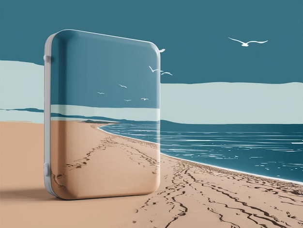 a glass container with a beach scene and a seagull flying in the background