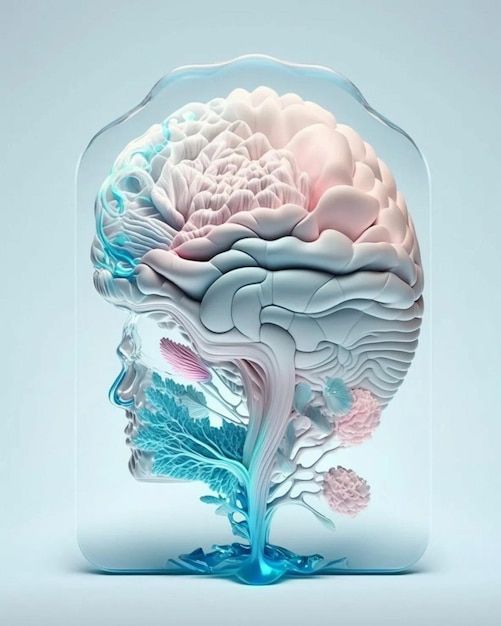 A glass container with a brain and a tree inside it.