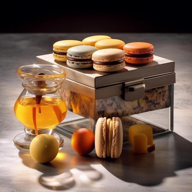 A glass container with macaroons and a jug of liquid next to it.