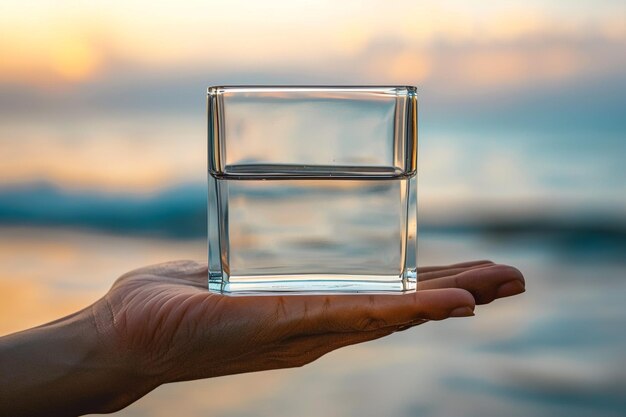 Photo a glass container with a square in the middle of it is being held up by someone holding a cube