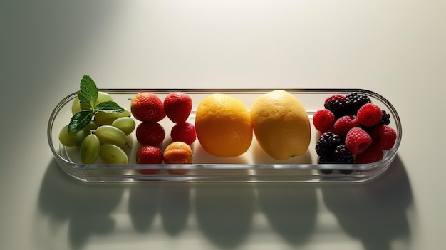 A glass container with a variety of fruits on it