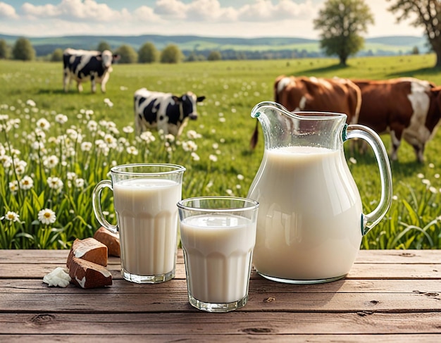 Glass containers filled with milk on a tablecloth in the grass with dairy cows in the background on a sunny meadow Horizontal composition