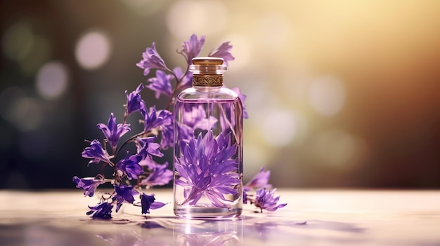 The glass contains the crisp aroma of a purple flower