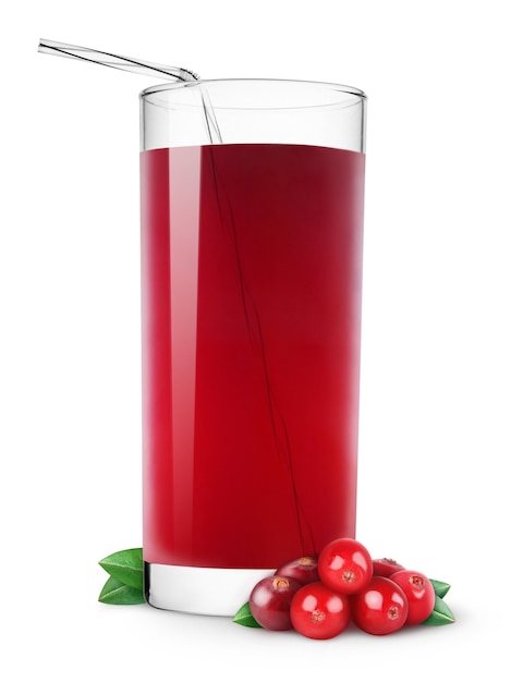 Glass of cranberry juice and fresh cranberries isolated on white background