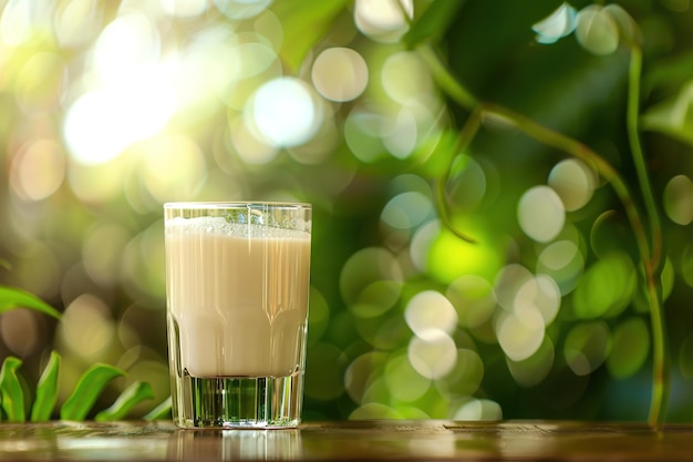 A glass of creamy cacao water beverage on a natural backdrop with sunlight peering through leaves