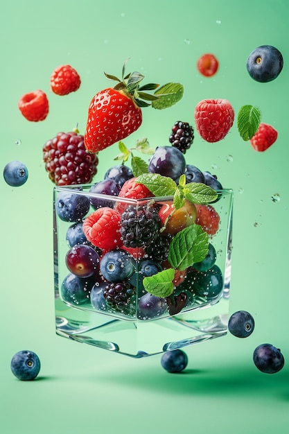 glass cube cup floating containing fresh fruits like strawberries berries mint grapes and kiwi