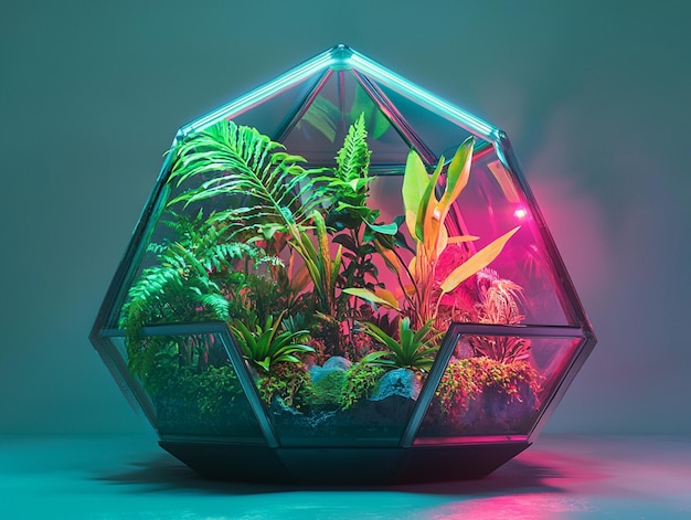 Photo a glass cube with plants and plants inside of it