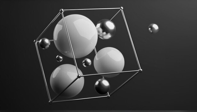 Photo a glass cube with silver balls in it and a black background