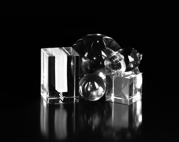 glass cubes and balls isolated on black background