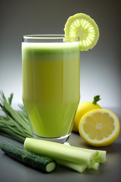 A glass of cucumber juice with a slice of cucumber on the side.