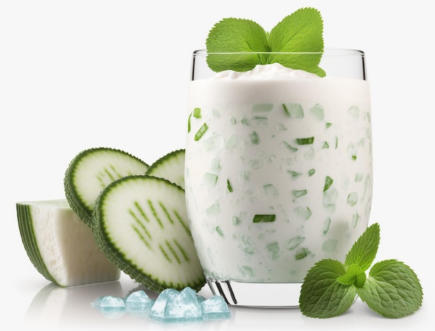 A glass of cucumber milk with mint leaves and a glass of milk.