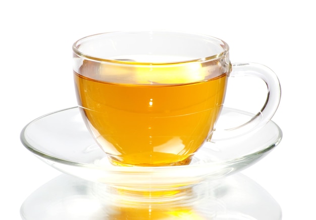 Glass cup of black tea. Isolated on white background