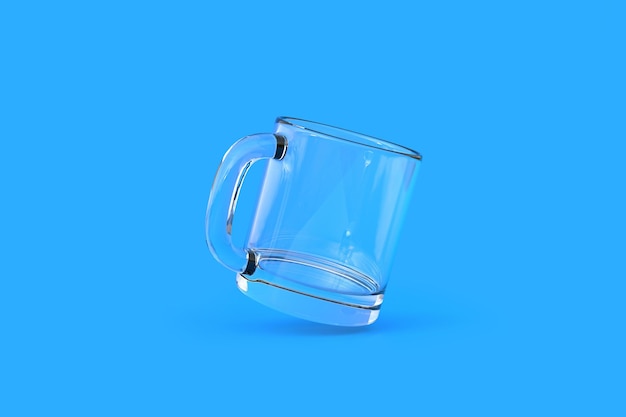 Glass cup or empty mug for coffee drink or tea on blue background Minimal concept 3D Render