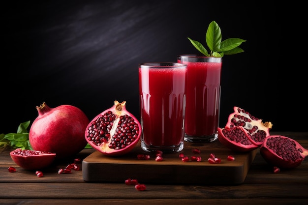 A glass cup of fresh pomegranate juice on wooden board