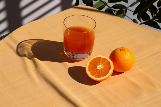 A glass cup of fruit juice placed on a tablecloth