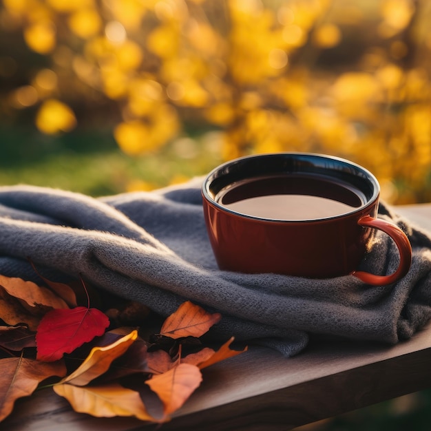 Photo glass cup of hot tea with warm plaid on blurred background close up space for text