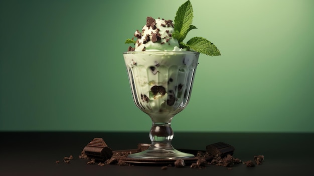 A glass cup of ice cream with chocolate chips and a green background.