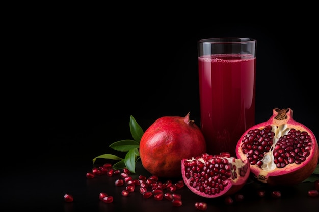 A glass cup of juice with pomegranate on dark