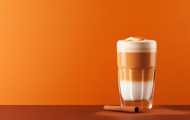 Glass cup mug of spice pumpkin latte or cappuccino with whipped milk cream foam cinnamon stick Seasonal autumn spicy sweet drink concept Cold brew spiced fall coffee orange autumnal background