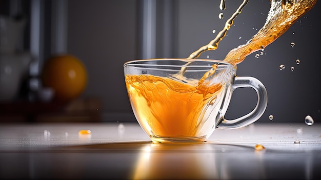 A glass cup of orange juice is being poured into it.