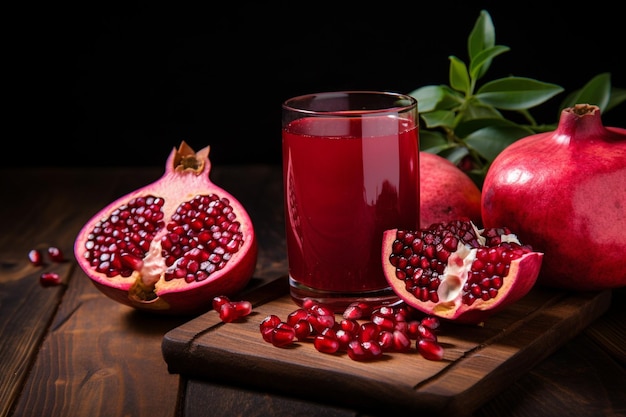 A glass cup of pomegranate juice on wooden board