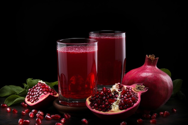 A glass cup of pomegranate juice on a wooden board