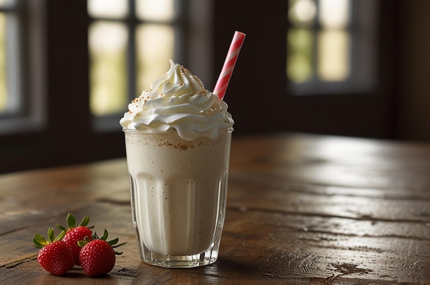 A glass cup of sweet milkshake with whipped cream