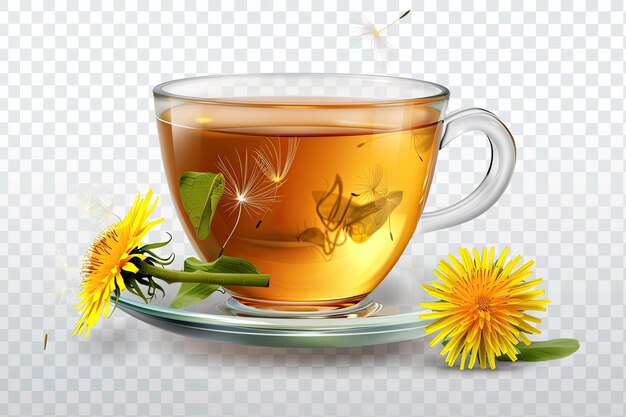 Photo glass cup of tea with fresh dandelion herbs isolated on a trasparent background