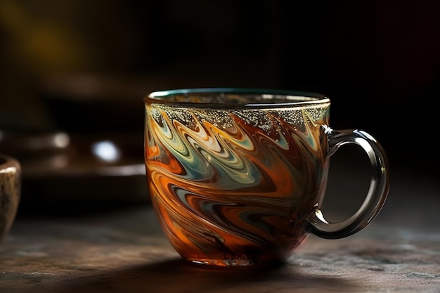 A glass cup with a colorful swirl pattern on it