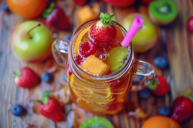 Photo a glass cup with fruit and a straw in it that says  fruit