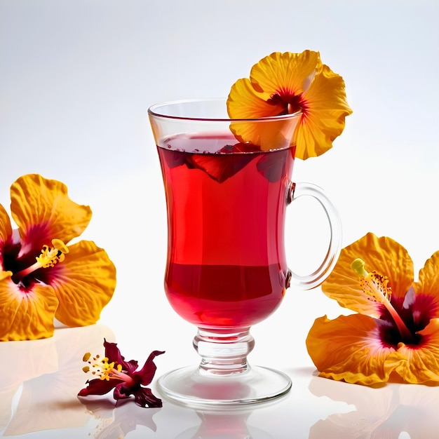 a glass cup with some tea and flowers