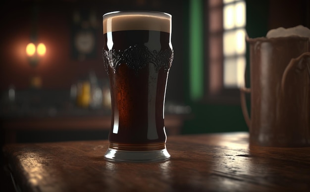 A glass of dark beer on a bar counter. Pub background. ai generated