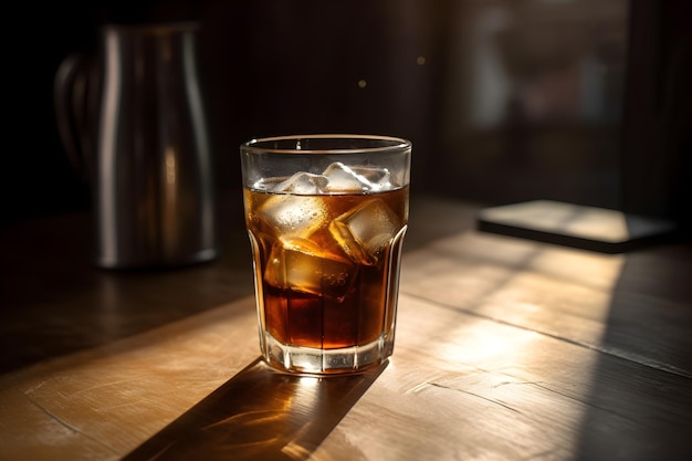 A glass of dark beer sits on a wooden table with ice cubes.