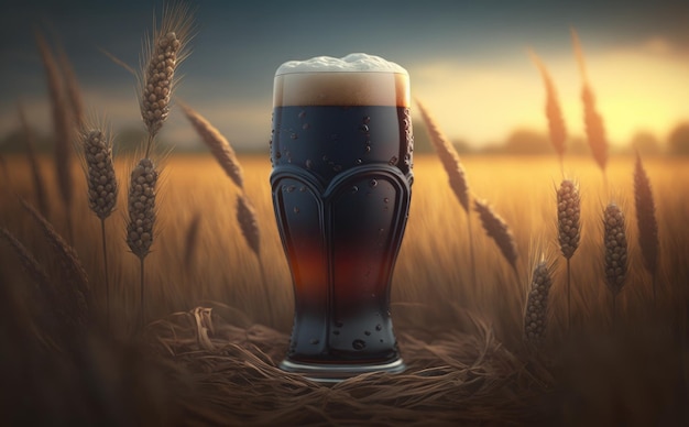 A glass of dark beer on a table in a wheat field. ai generated