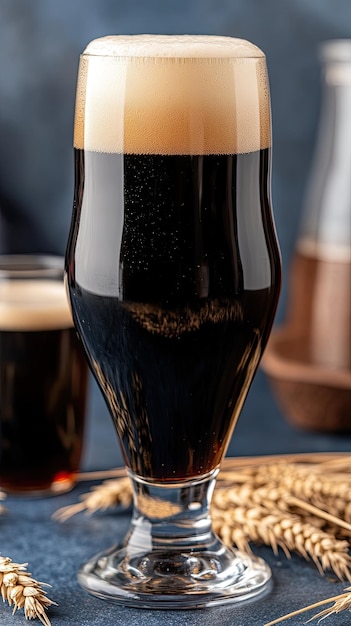 Photo a glass of dark beer topped with a creamy foam is surrounded by fresh hops and barley on a rustic wooden surface set against a dark backdrop