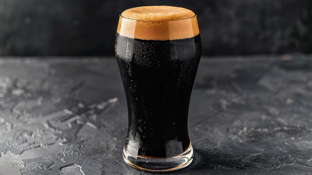 Photo glass of dark beer with foam on black background