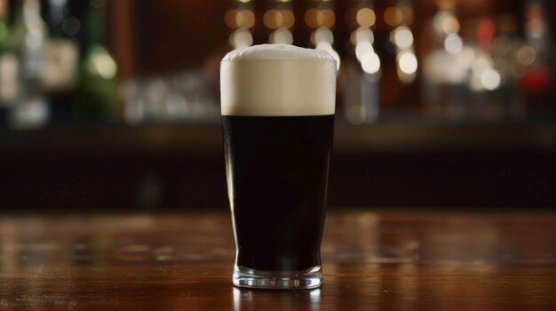 Photo a glass of dark beer with a thick head of foam on a wooden bar top